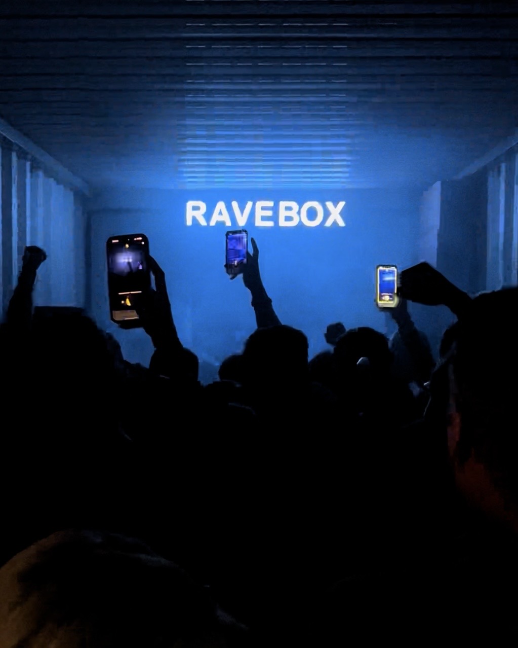 RAVEBOX rave container op Voorne aan Zee Festival — blauwe lichtshow met crowd en RAVEBOX logo in de container