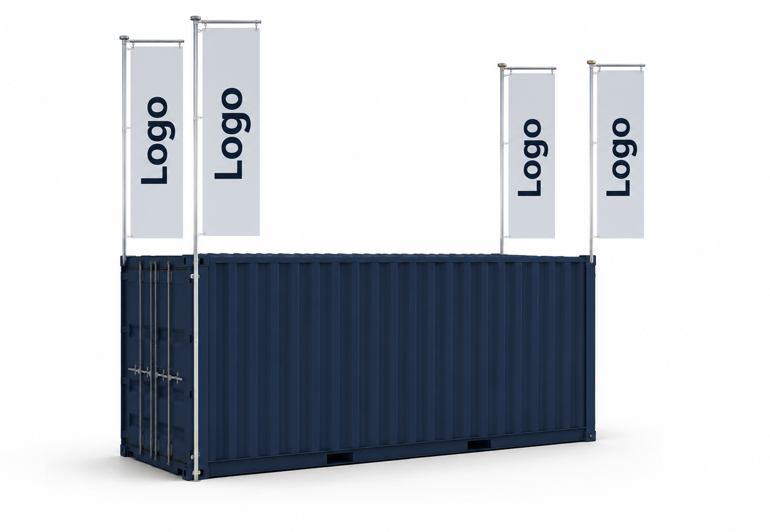 RAVEBOX merkactivatie met vlaggenmasten RAVEBOX merkactivatie met vlaggenmasten bovenop de container — sponsor branding op mobiele feestcontainer festival