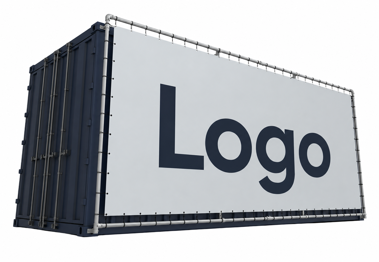 RAVEBOX XL sponsordoek over de volledige zijkant van de container — merkactivatie festival container stage met bedrukbaar frame